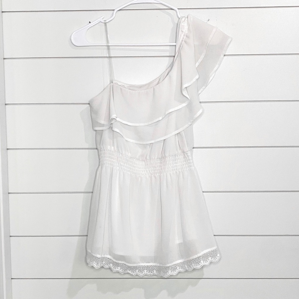 Sequin Hearts | one shoulder white lace smocked peplum top